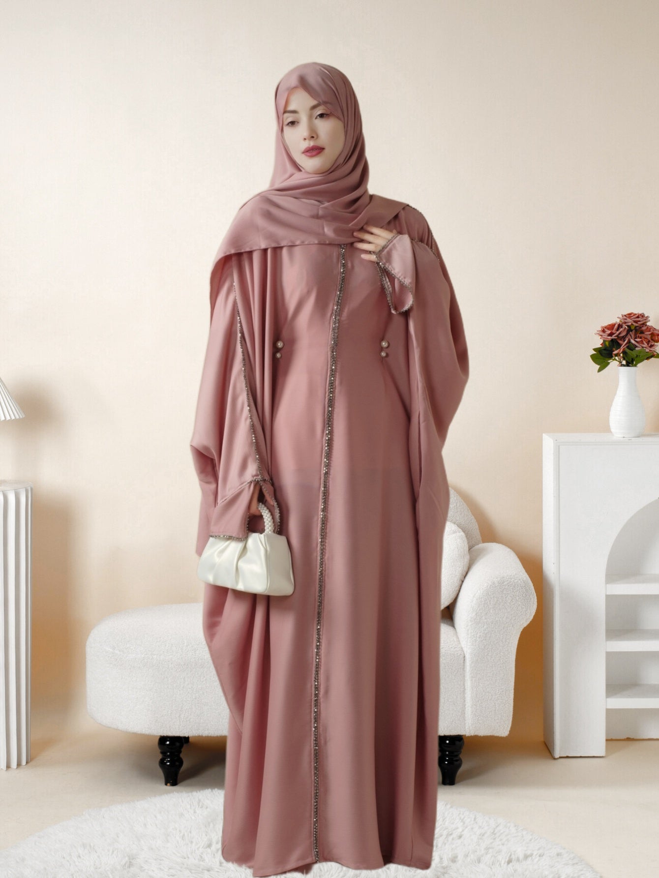 Batwing Emirati Abaya with Matching Hijab | Batwing Sleeve Abaya – Elegant Middle Eastern Arab, Islamic Style Shawl Robe Dress for Women, Long Skirt, Ramadan Prayer Outfit