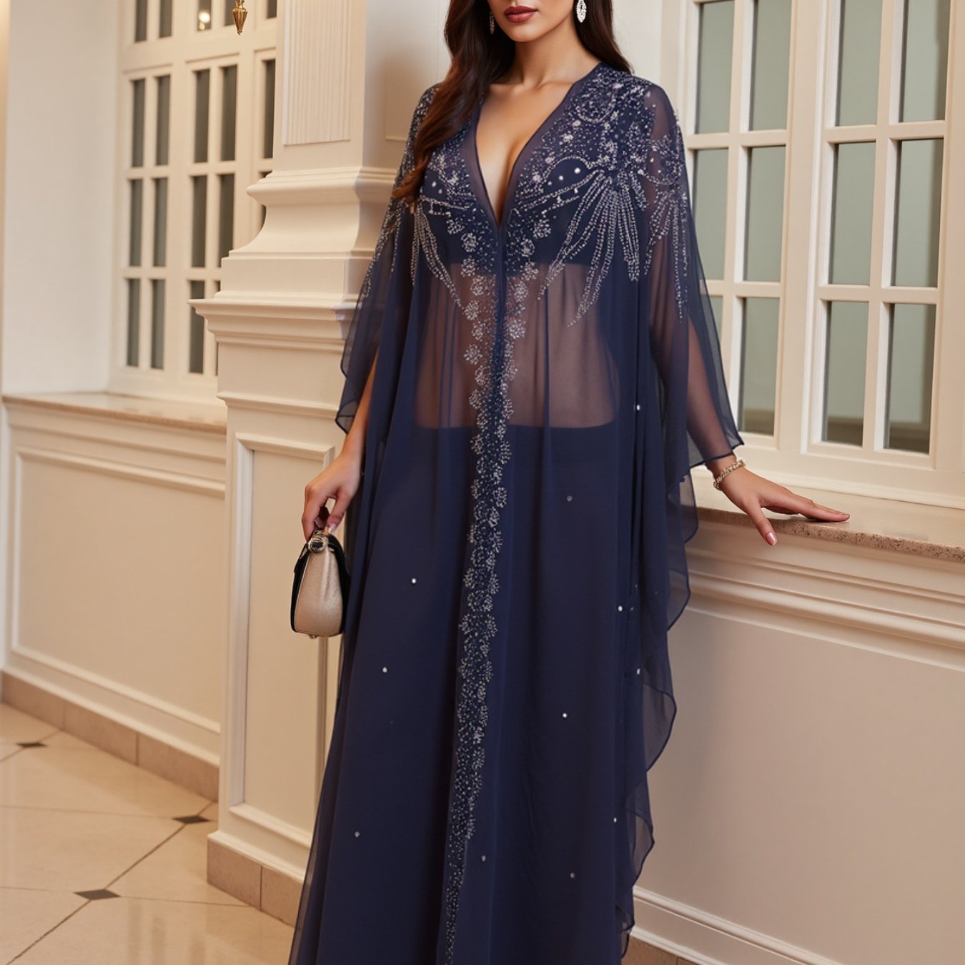 Women's Autumn Long Kaftan Dress Long Bat Sleeve Hooded Rhinestone Cape Arab Abaya Dress