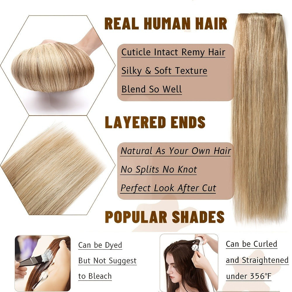 Set of 8pcs of Straight Human Hair Extensions with Double Weft, Featuring 18 Clips, Available in Lengths from 8 to 26 Inches, Color #12P613