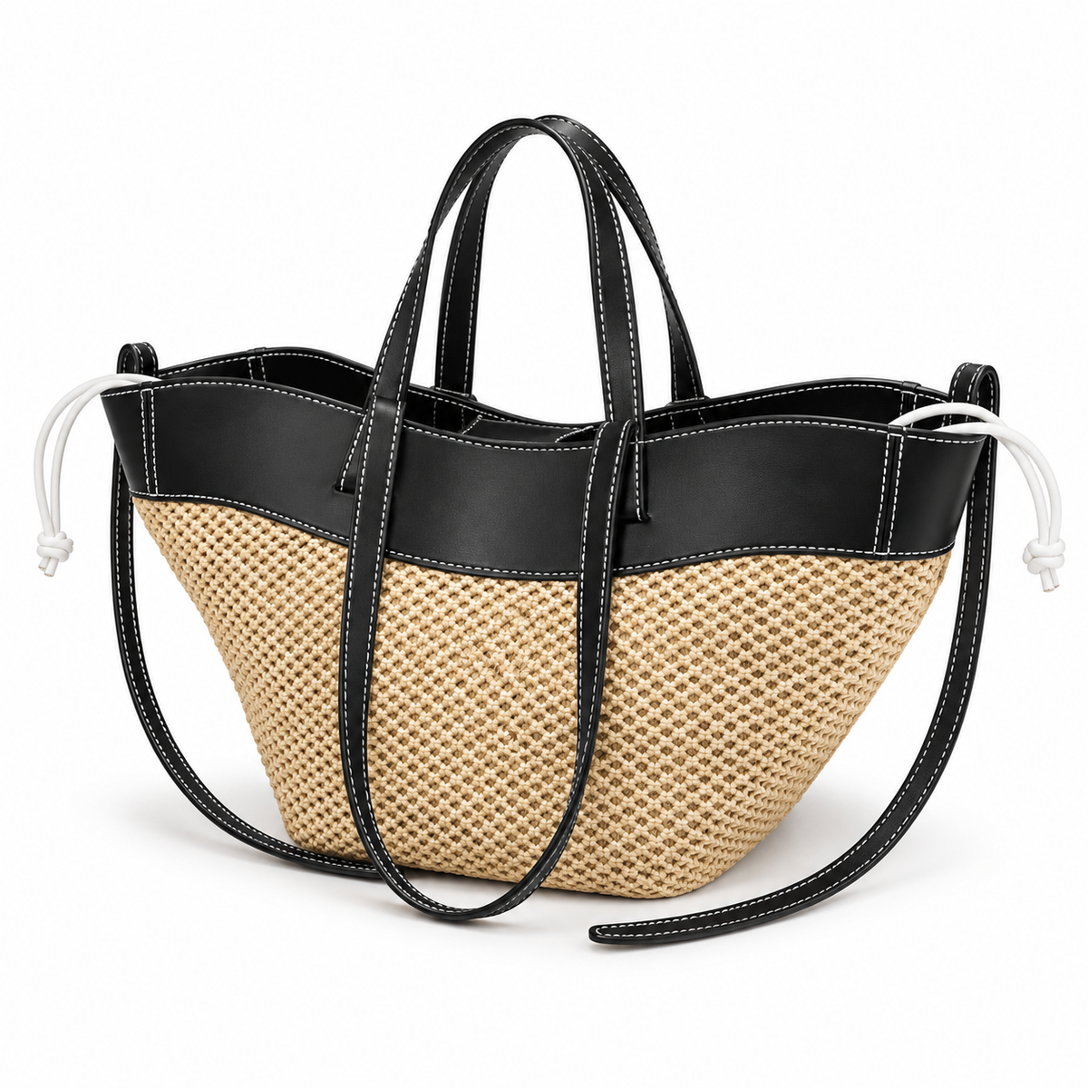 Beige Woven Tote With Black Trim