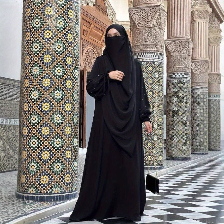 Middle Eastern Solid Color Women's Arabic Abaya with Pearl Sleeves and Long Scarf Set, Perfect for Daily Wear, Travel, and Ramadan Prayers