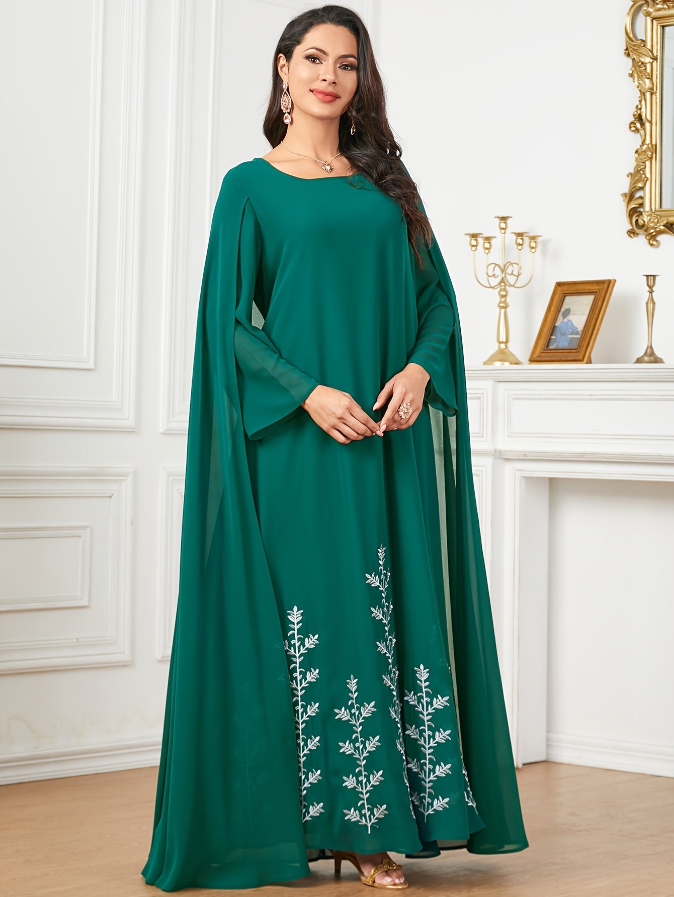 Polyester Traditional Abaya Dress - Solid Color Round Neck Embroidered Long Sleeve with Cape, Regular Fit, All-Season, Middle Eastern Cultural Apparel