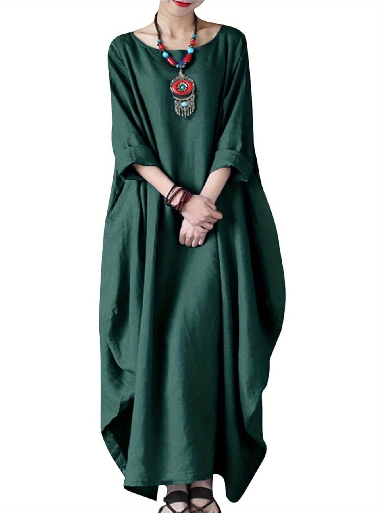 Women'S Elegant Long Dress Caftan Gown - Flowy A-Line Maxi Dress, Soft Everyday & Formal Outfit for Women, All-Season Casual to Formal Events, Versatile Clothing, Round Neckline, Comfortable Wear, Event Attire, Simple Design,