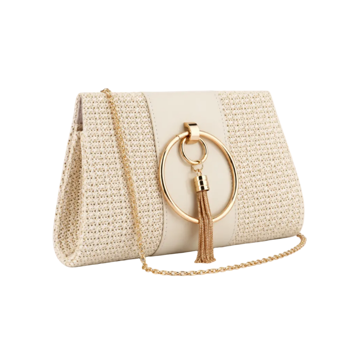 Ivory Woven Gold Tassel Shoulder Bag
