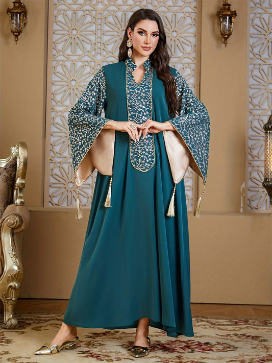 Elegant Muslim Kaftan Abaya Evening Dress with Floral Embroidery & Tassel Flare Sleeves - Navy Blue Maxi Abaya for Women, Middle Eastern-Inspired Traditional Gown, Hand Wash/Dry Clean