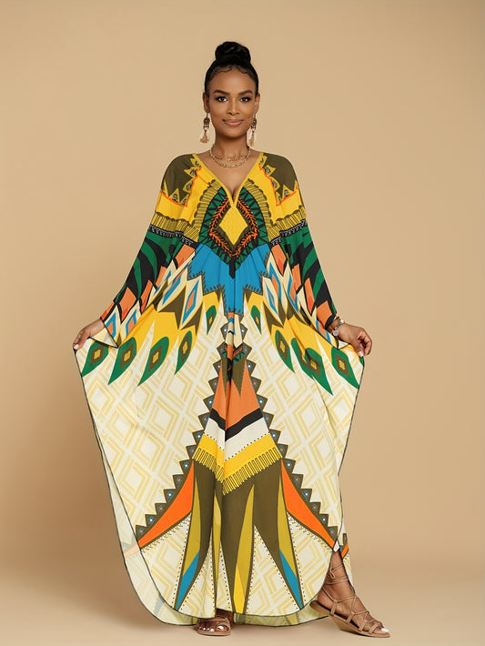 Women's Kaftan Dresses Geometric Patterns Floral Prints Beach Cover Up Chest Casual Home Vacation Ethnic Kaftan Robe Cover Up Batwing Sleeve Elegant Dress