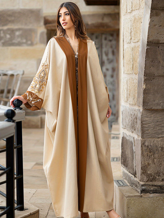 Arabian Kimono Abaya Kaftan - Elegant Beige Long Sleeve Batwing Robe with Hand-Sewn Rhinestone Embellishments, Floor-Length Traditional Cover Dress for Women, Parties