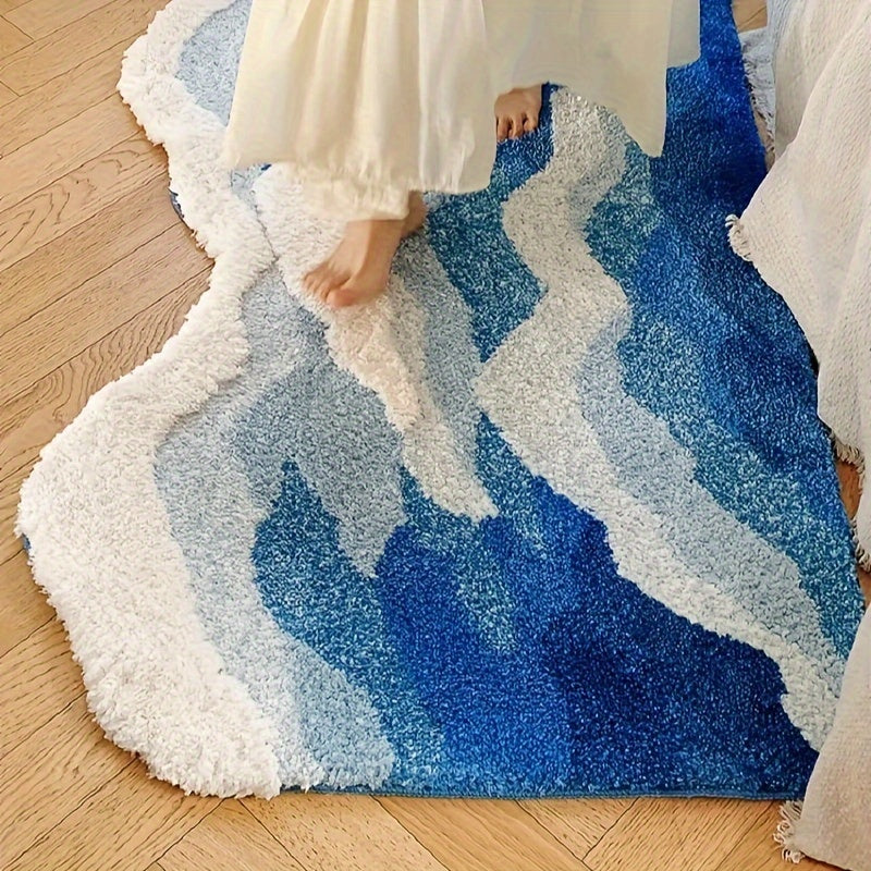 Ultra-Soft Blue Ocean Wave Tufted Rug - Thick, Non-Slip TPR Backing, Absorbent for Bathroom & Living Room Decor