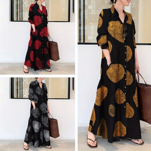 Women's Islamic Abaya Dress - Elegant Long Sleeve Muslim Jilbaab Dress with Lapel Collar, Black & Golden Floral Print, Loose Fit Modest Muslim Gown for Everyday & Special Occasions