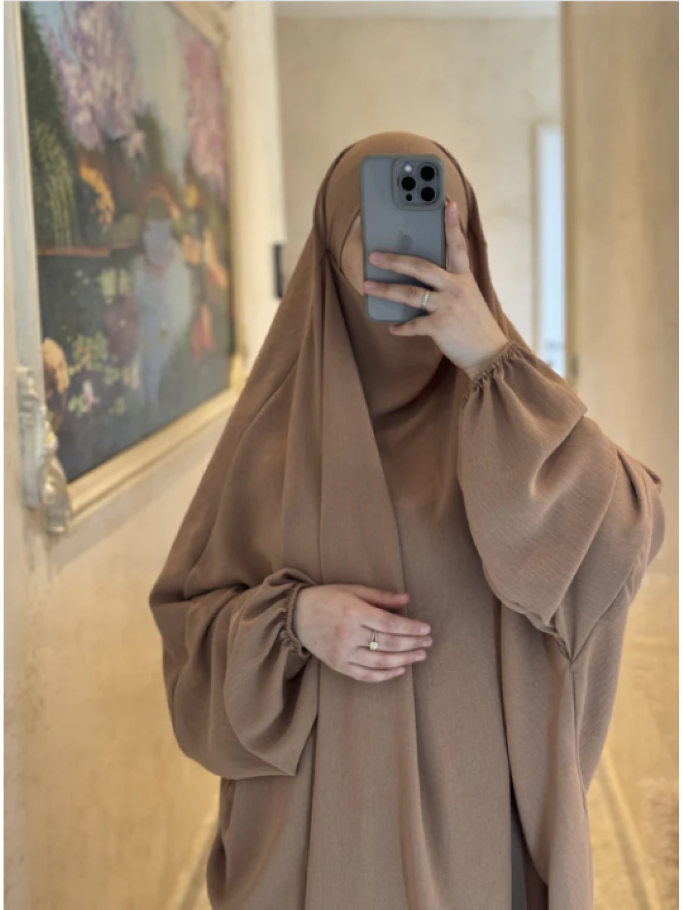 Plus Size, Women's 2pcs Islamic Abaya Prayer Dress & Hijab Set - Modest Turkish Kaftan with Long Flowing Batwing Sleeves, Boat Neck & Full Coverage, Loose Floor-Length Dress in Beige