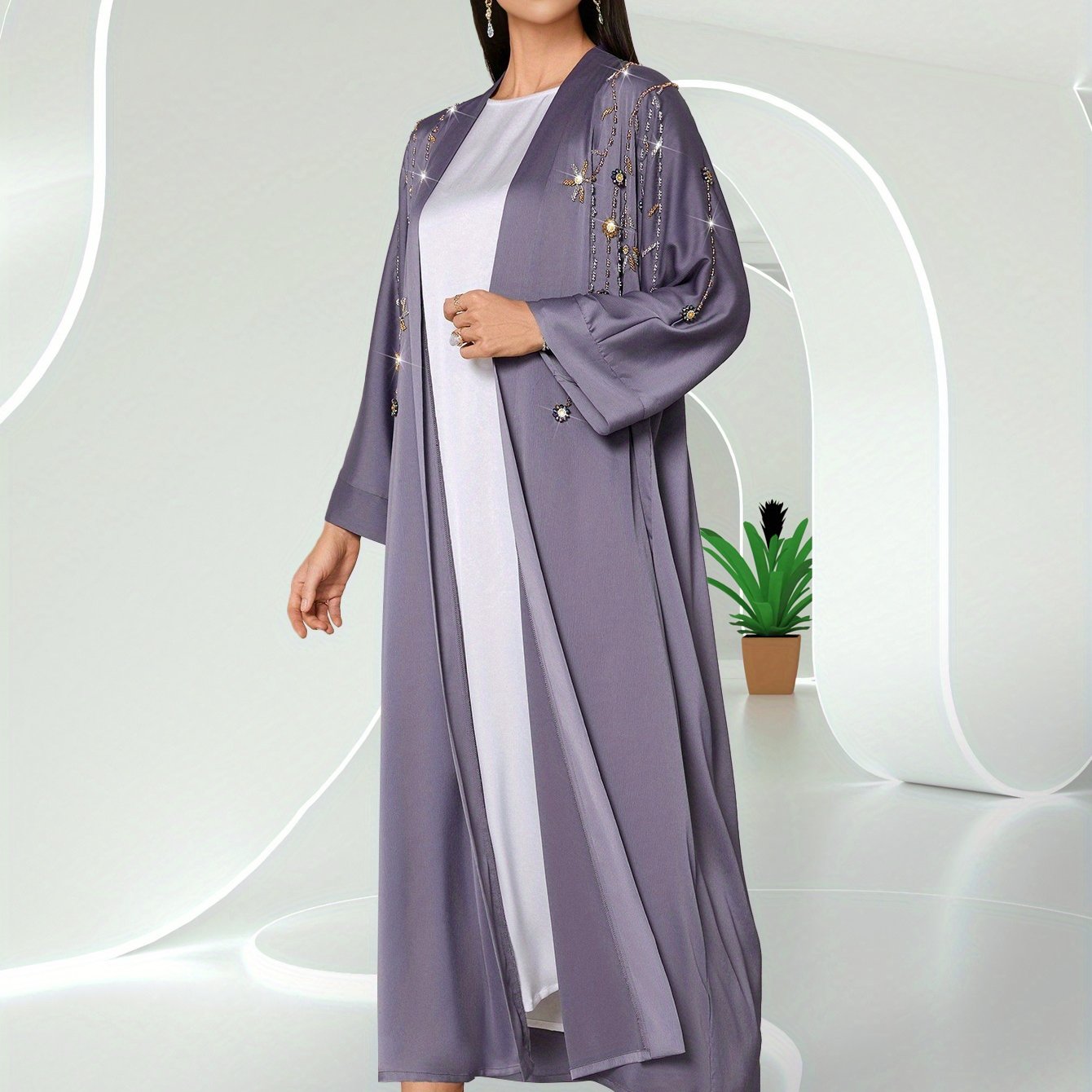 Elegant Green & White Long Tunic Dress with Beaded Detail - Casual Turkish Abaya Style, Long Sleeve, Floor-Length, Perfect for Spring/Summer, Casual Summer Wear | Elegant Long Dress | Texture