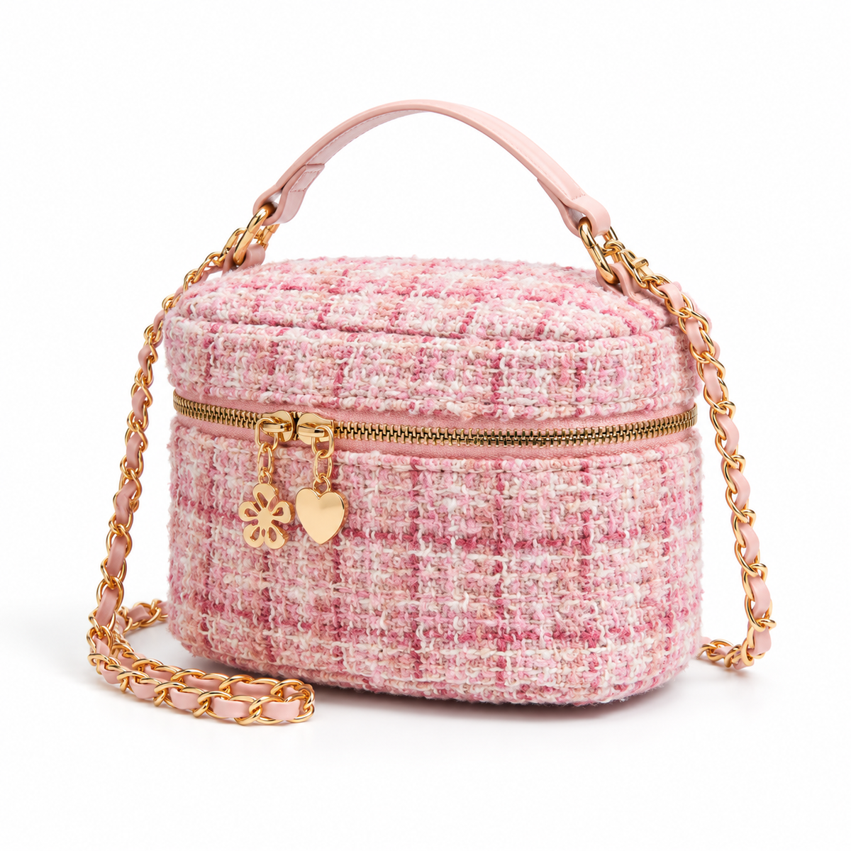 Pink Tweed Crossbody Bag With Charms