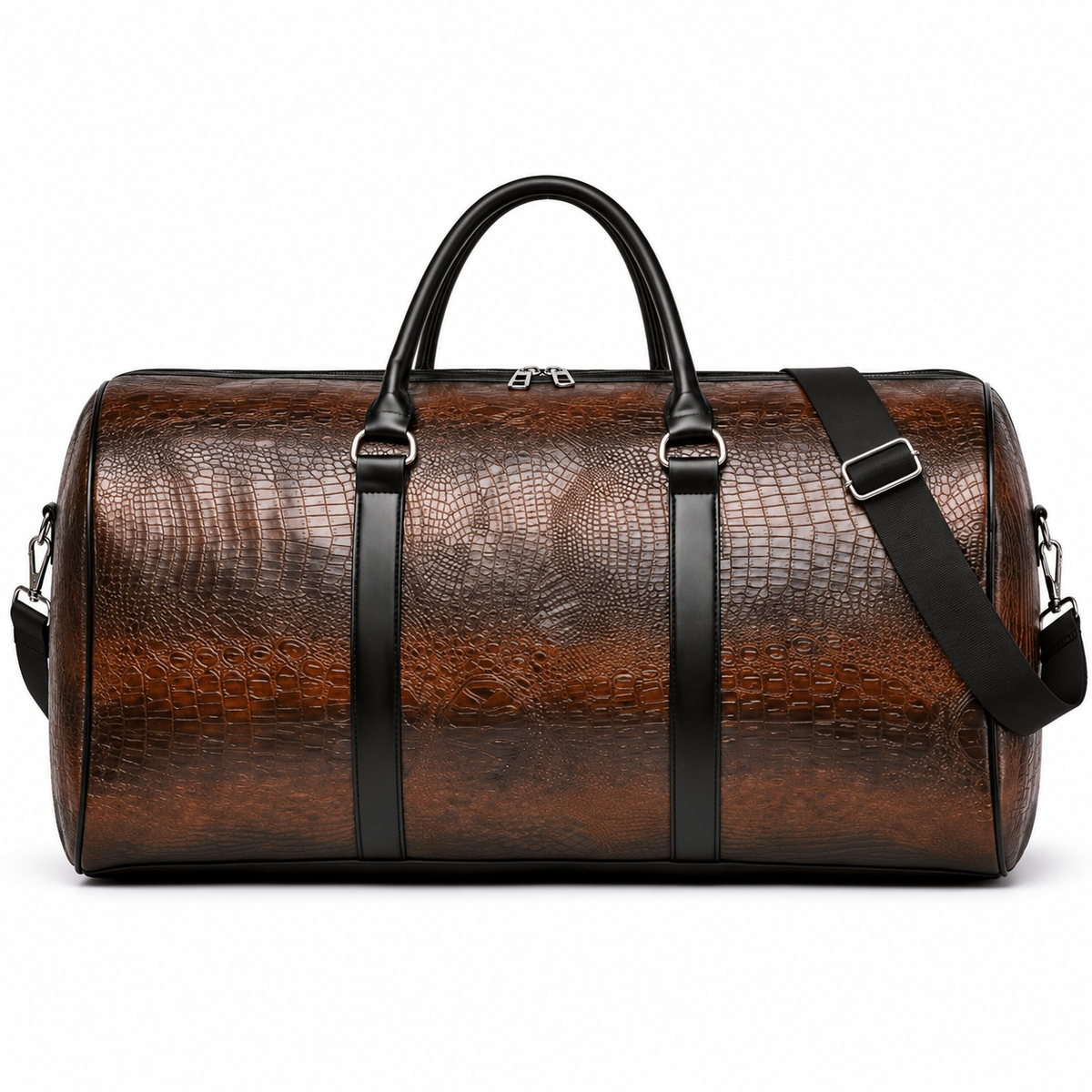 Brown Crocodile Embossed Overnight Duffel Bag