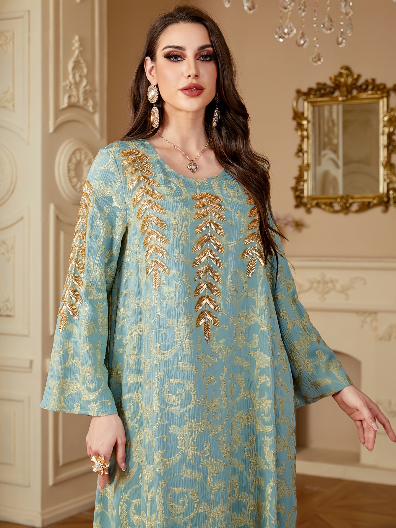 Women's Elegant Middle Eastern-Inspired A-Line Baju Abaya with Floral Appliqué & Beaded Embellishments - Long Sleeve Floor-Length Loose Fit Machine Washable All-Season Casual to Formal Wear