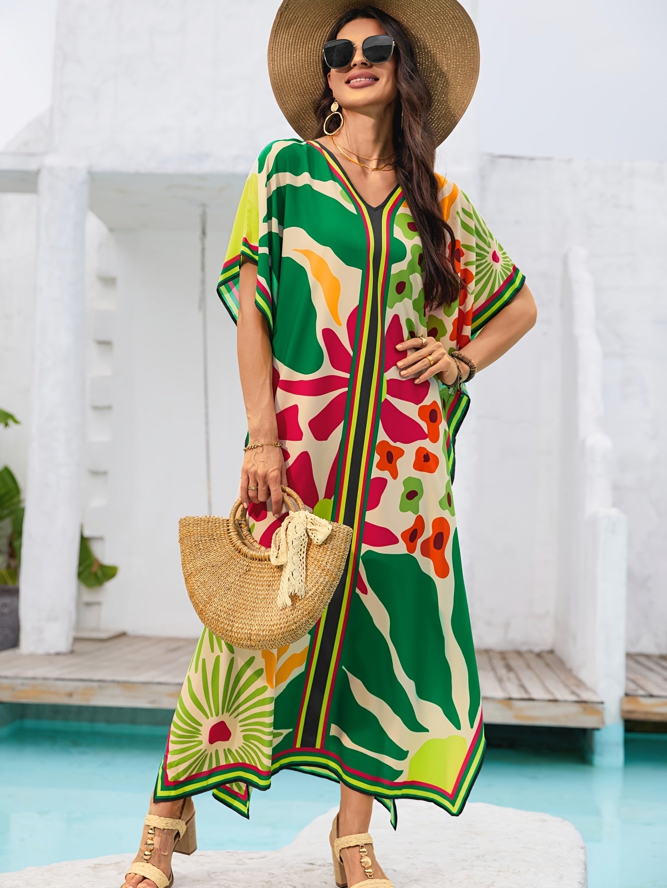[Viscose Kaftan Dress, Boho Style] 1pc Viscose Kaftan Dress - Floral Print Casual Midi Loose Fit Beach Boho Style with Short Sleeves for Summer Resort Wear
