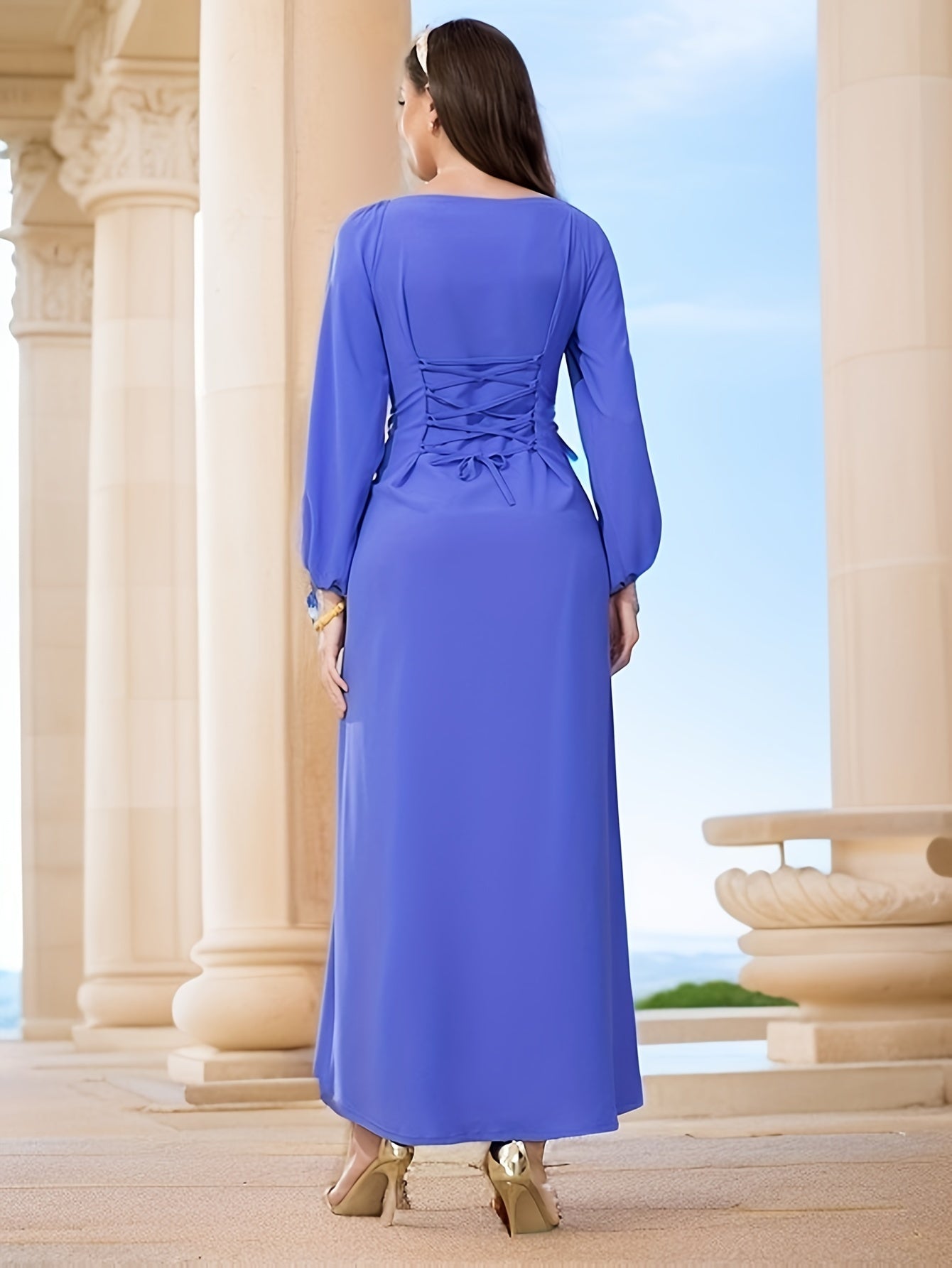 Elegant Long Sleeve Polyester Dress with Lantern Sleeves, Solid Color, Tie Back, and Belted Waist Palestinian Abaya