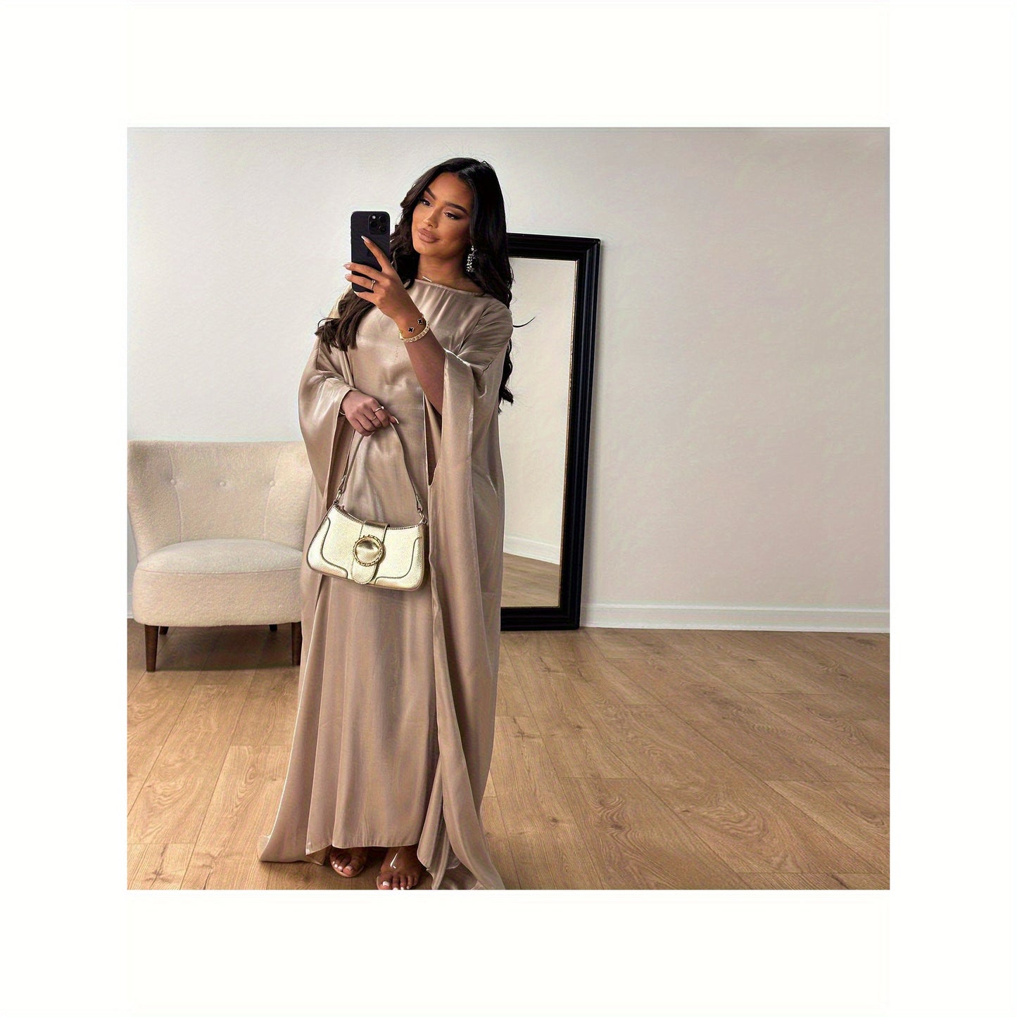 Women's Elegant Satin-Like Abaya Robe - Loose Fit Long Sleeve Breathable Muslim Dress with Middle Eastern-Inspired Design, Non-Stretch Fabric & Luxury Accessory Inclusion for Parties
