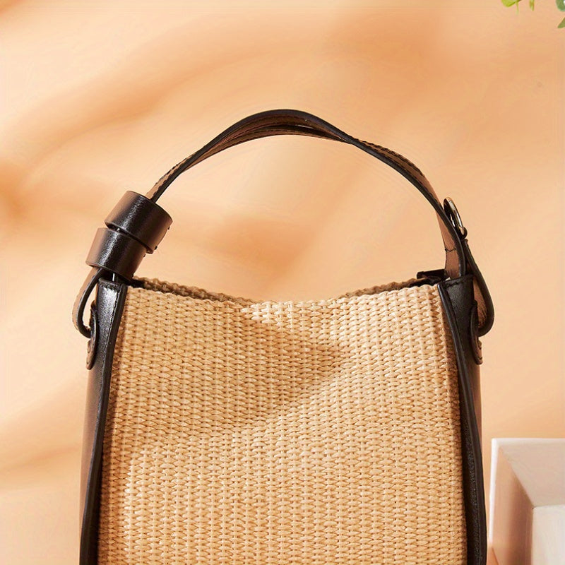 Light Luxury Woven Bag | Spliced Leather Women's Handbag with All Senior Sense Small Square Bag Crossbody Straw Bag
