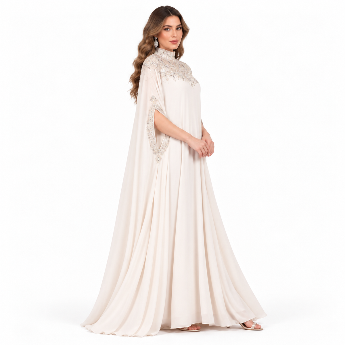 Elegant Ivory Sequin Embroidered Cape Kaftan