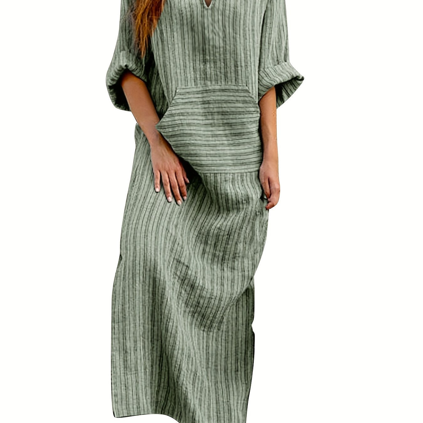 Women's Loose Dresses Striped V Neck Caftans 3/4 Sleeve Casual Loose Maxi Beach Dress with Pockets