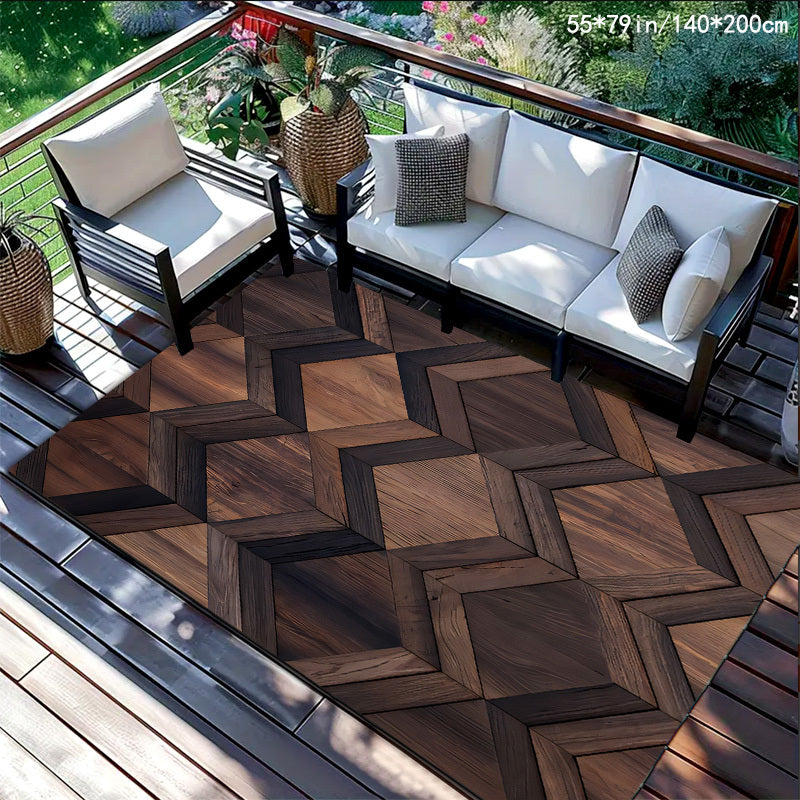 [Crystal Velvet | Wooden Inlay] 700G 1pc Wooden Inlay W-shaped Pattern Mat, Crystal Velvet + Dot Embossed Bottom | Outdoor Rugs, Suitable for Courtyard, Terrace, Balcony | Machine Washable, Outdoor Mat