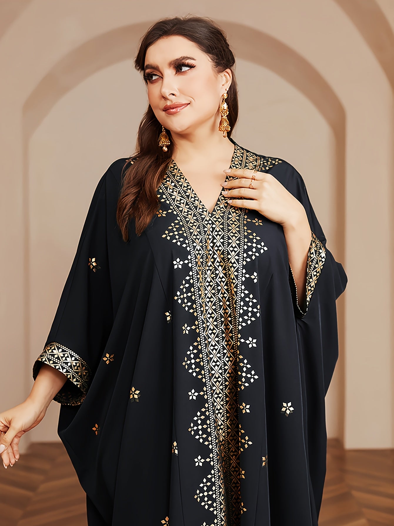 Polyester Long Kaftan | V-Neck Tribal Pattern Woven Non-Stretch, Middle East Golden Tassel, Batwing Sleeve Abaya, Plus Size, All Season