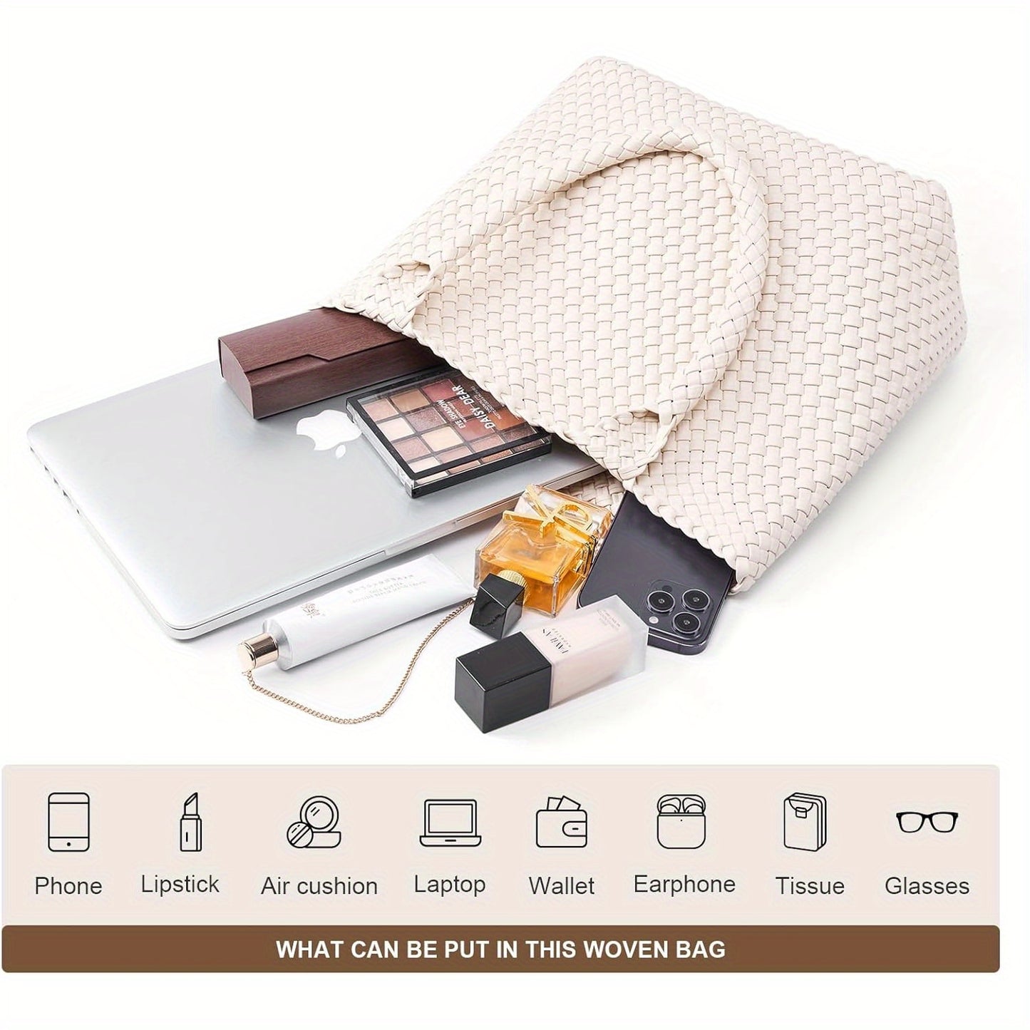 Women's Vegan Tote Bag - Large Woven Handbag with Zipper Closure & Wrist Strap, White & Brown Striped Design, Durable Oil-Edged Finish for Casual or Formal Use