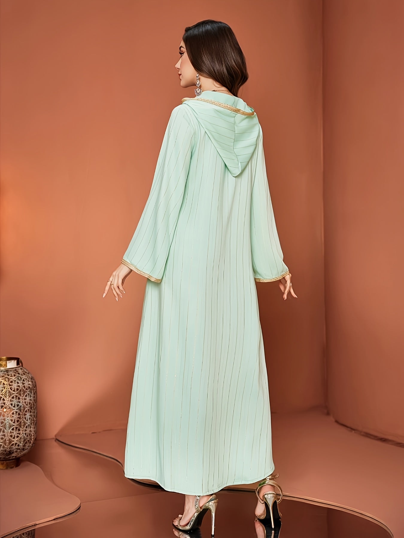Elegant Mint Green Women’s Hooded Kaftan Dress with Rhinestone Embellishments, Long Sleeve Emirati Abaya with Zipper Front and Golden Trim, All-Season Wear