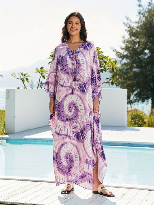 Women's Floral Print Beach Cover-Up Kaftan Dress Floral Pattern, V-Neck With Tie, Loose-Fitting Ethnic Style Casual Maxi Dress