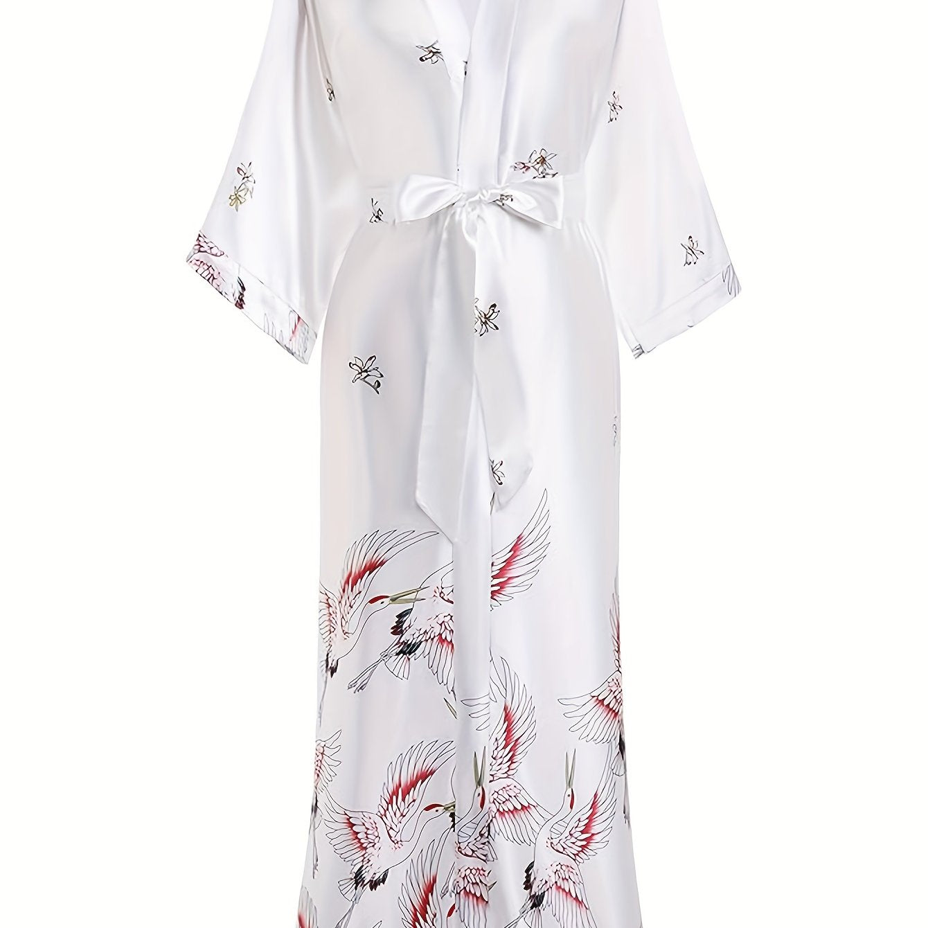 Long Kimono Robe Satin Sleepwear Blouse Bathrobe Nightgown Floral Crane Kimono Cardigan Robe