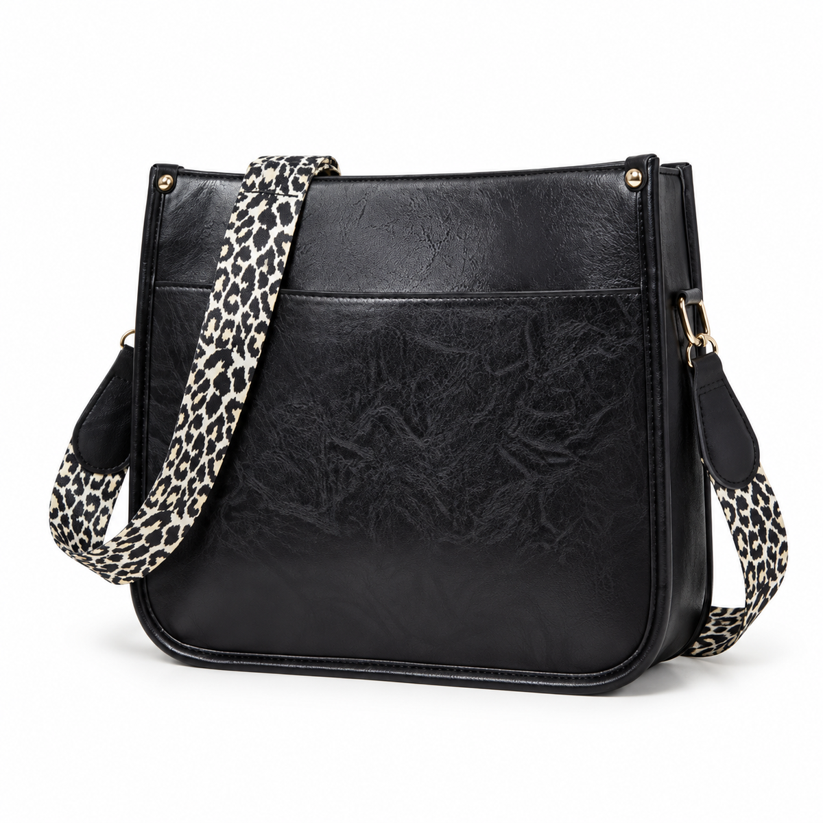 Black Crossbody Bag With Leopard Strap
