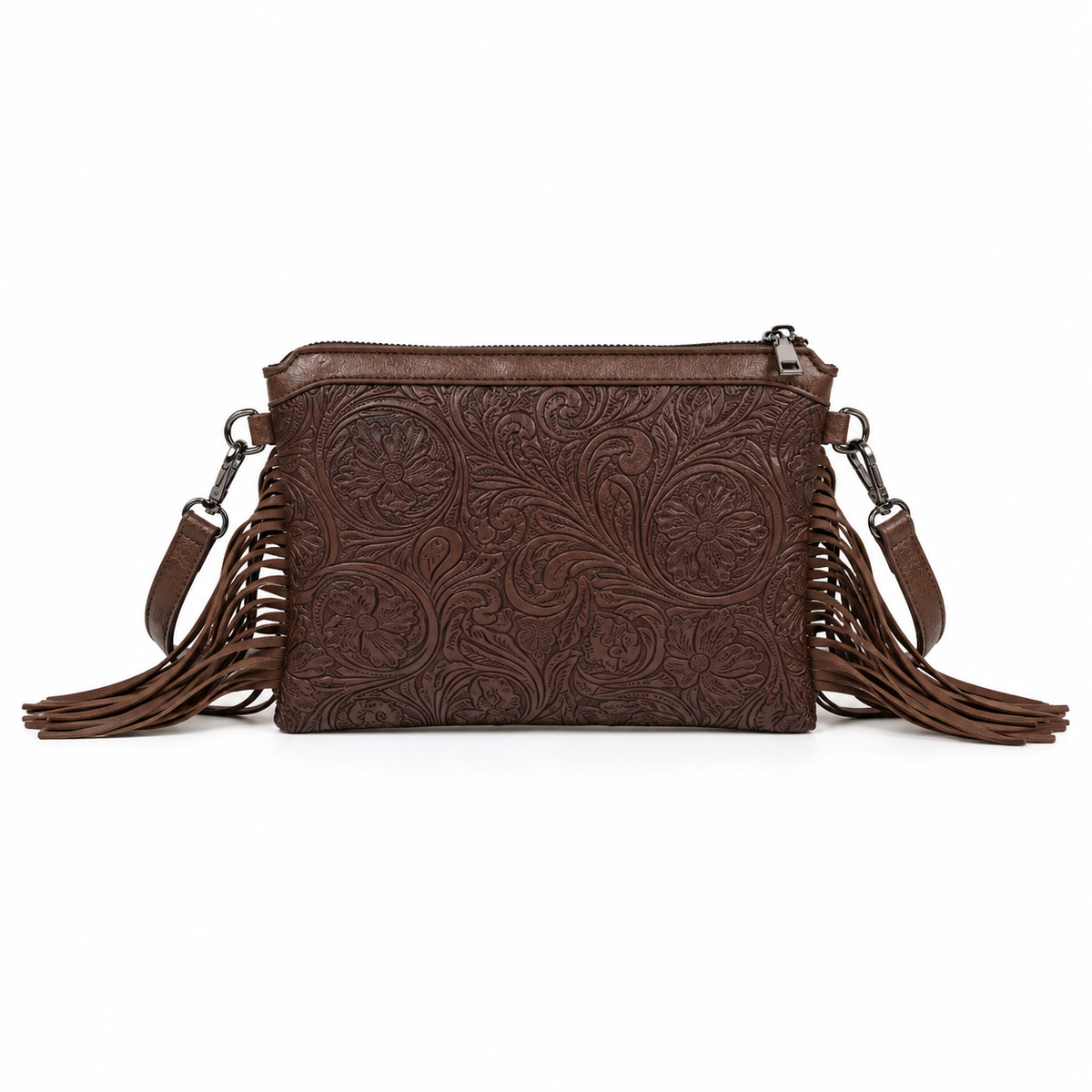 Coffee Brown Embossed Fringe Vintage Crossbody Bag