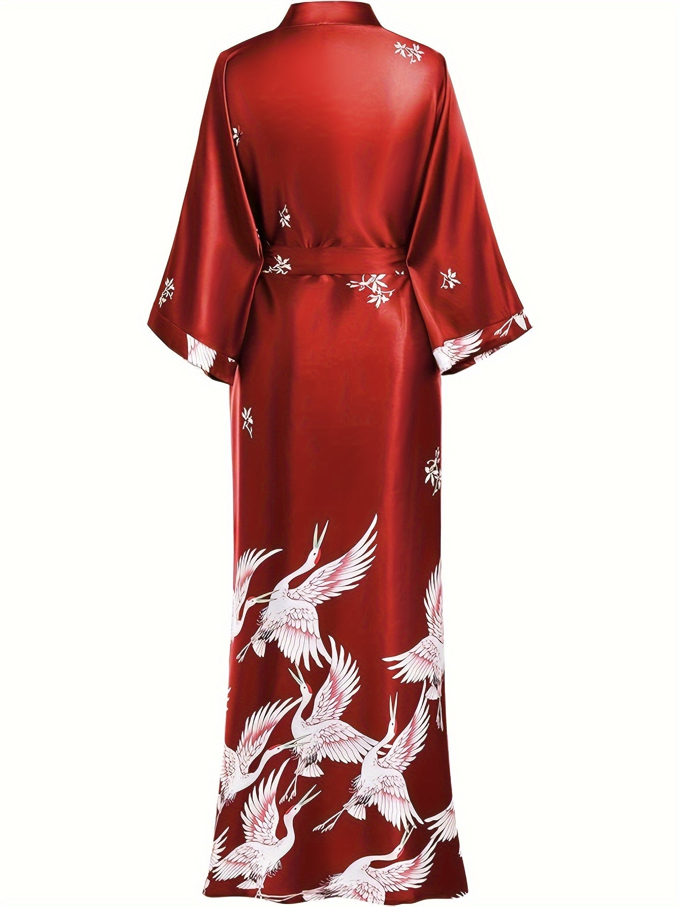 Long Kimono Robe Satin Sleepwear Blouse Bathrobe Nightgown Floral Crane Kimono Cardigan Robe