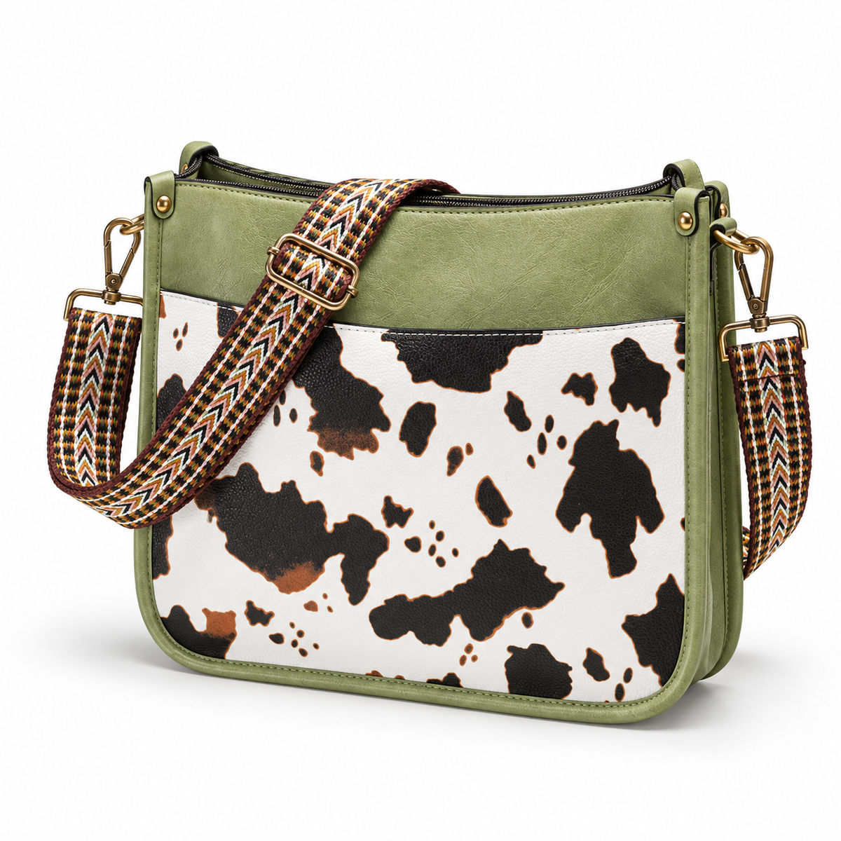 Olive Green Cow Print Crossbody Bag