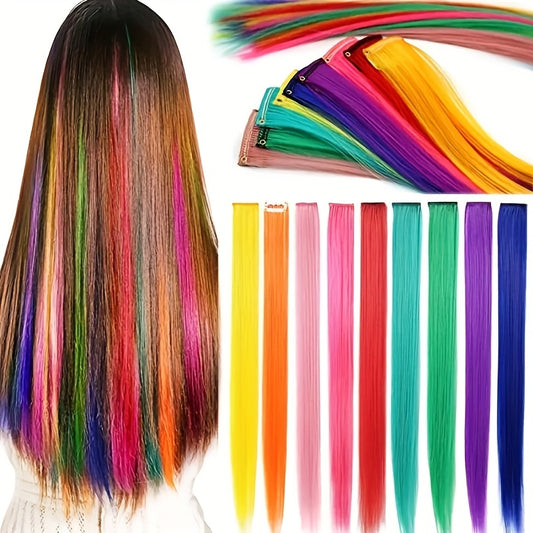 9pcs Colorful Hair Extension Clips Straight Hair Multicolor Hair Extensions Accessories Women Gift Party Highlights Wig Pieces for Women Cosplay Party Y2K Style