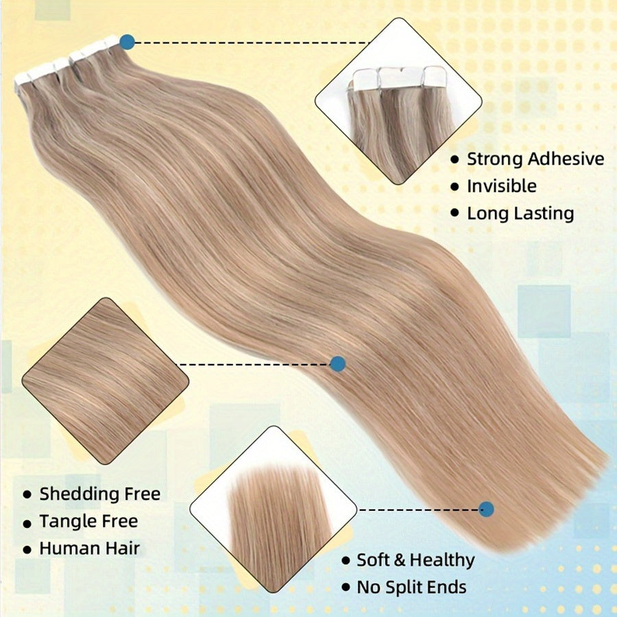 16 Packs Mini Tape In Hair Extensions Human Hair - Looking Seamless Clip-In for short hair, 12-24 Inch Lengths, Straight for Caucasian Women, Volume & Length Addition (Mini Tape System)