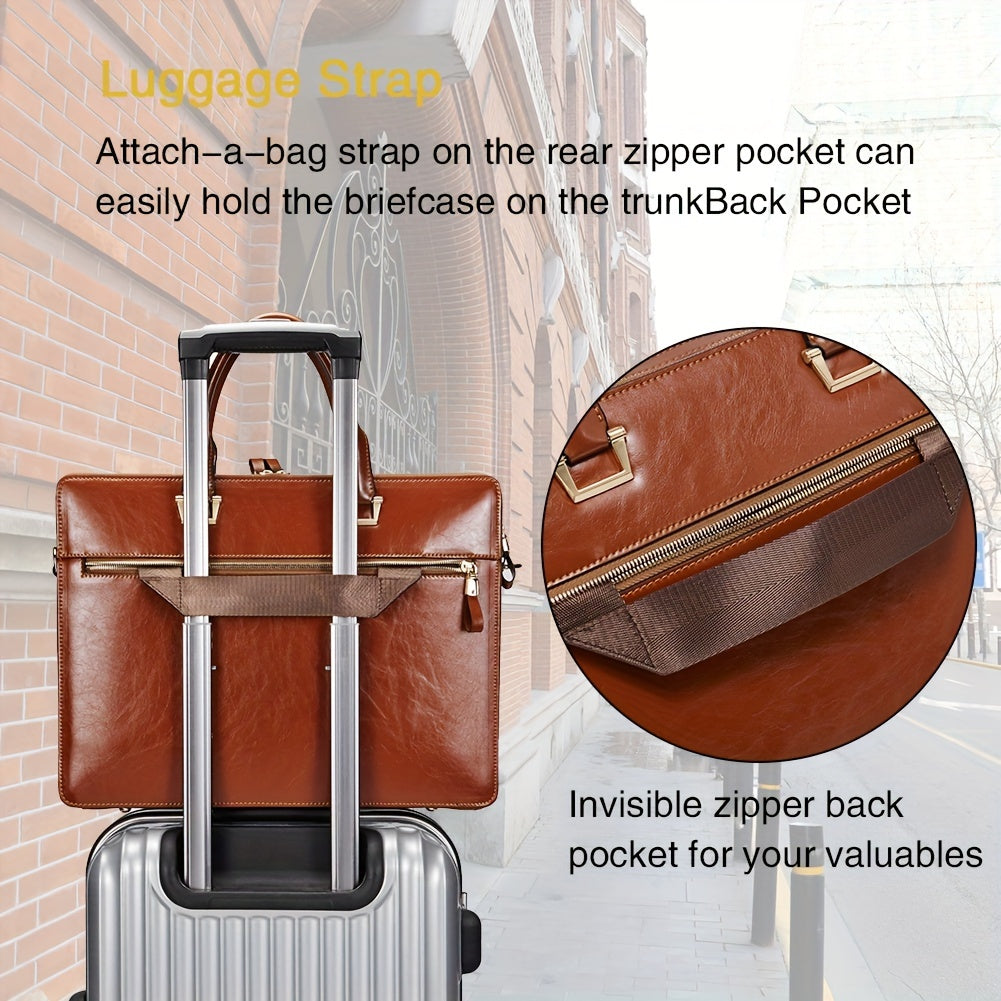 Premium Genuine Leather 15.6" Business Laptop Bag for Women - Light Brown, Adjustable Shoulder Strap