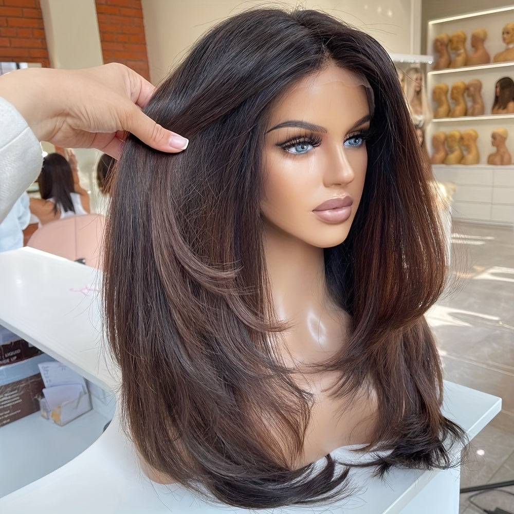 A 20-Inch, 13X4 Upgraded Nude Lace Wig Featuring a Brown Ombré Effect with Layered, Feathered Styles. This Limited Edition Remy Wig Offers a Balayage Look, Perfect for an Effortless Morning Routine And Achieving Bedhead Perf