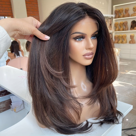 A 20-Inch, 13X4 Upgraded Nude Lace Wig Featuring a Brown Ombré Effect with Layered, Feathered Styles. This Limited Edition Remy Wig Offers a Balayage Look, Perfect for an Effortless Morning Routine And Achieving Bedhead Perf