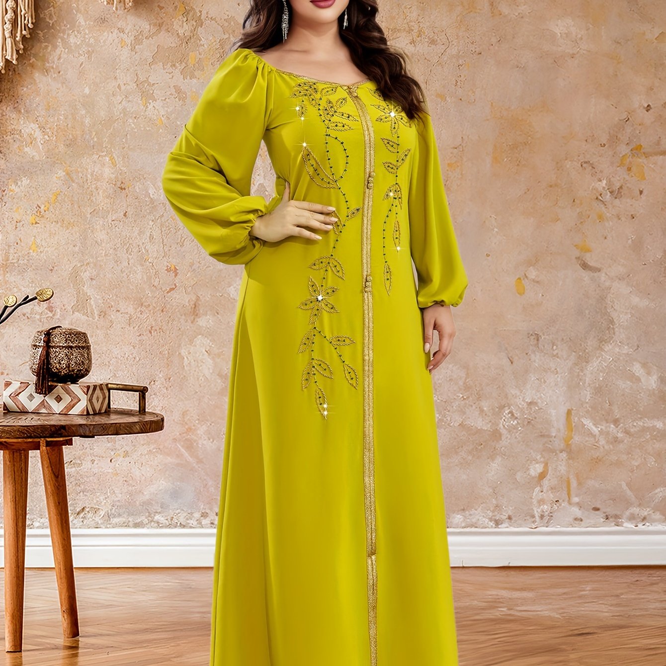 Elegant Long Sleeve Polyester Dress with Lantern Sleeves, Solid Color, Tie Back, and Belted Waist Palestinian Abaya