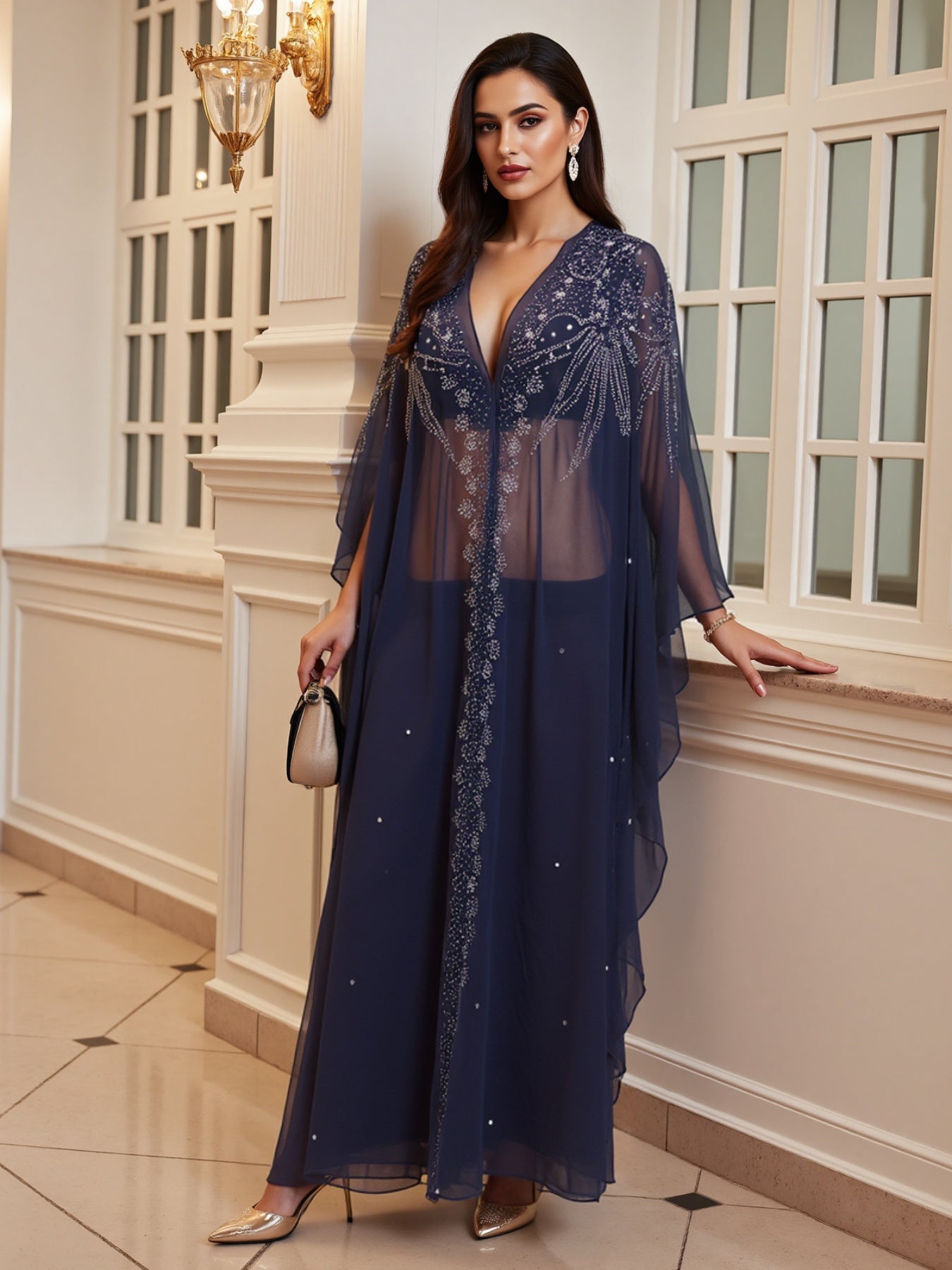 Women's Autumn Long Kaftan Dress Long Bat Sleeve Hooded Rhinestone Cape Arab Abaya Dress