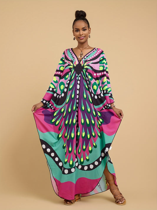 [Vibrant Kaftan Dress] Vibrant Colorful Kaftan Dress - All-Over Print V-Neck Loose Fit Maxi with Side Slit, Elegant Short Sleeve for Women, Perfect for Beach Vacations, Home Casual, and Middle Eastern Style, Beach Coverup Dress