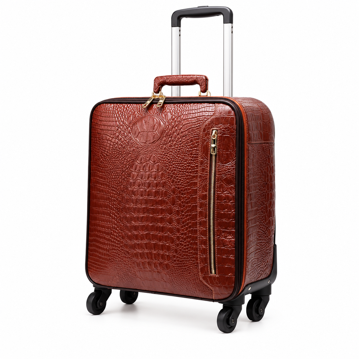 Brown Crocodile Embossed Leather Trolley Suitcase