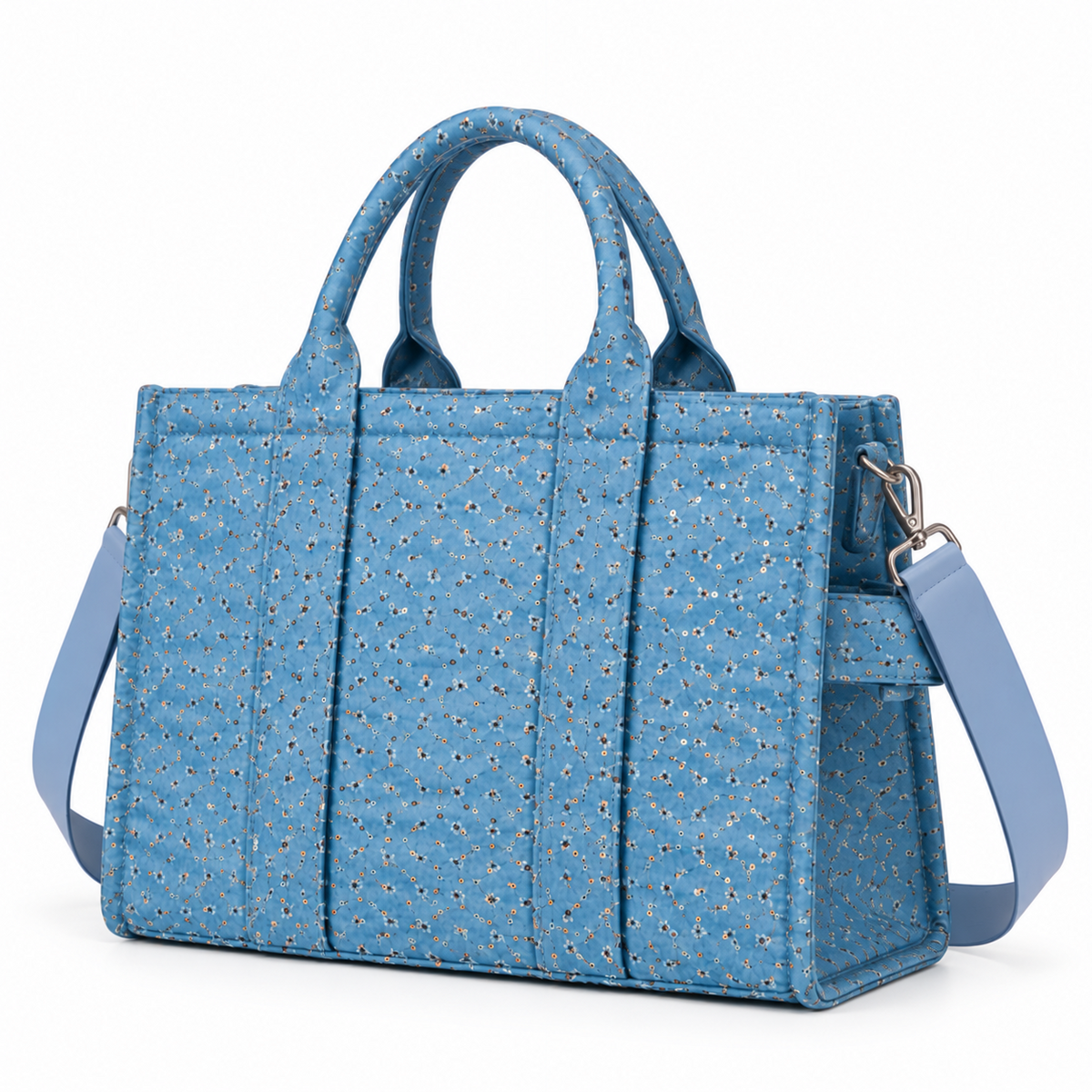 Sky Blue Floral Quilted Carryall Tote