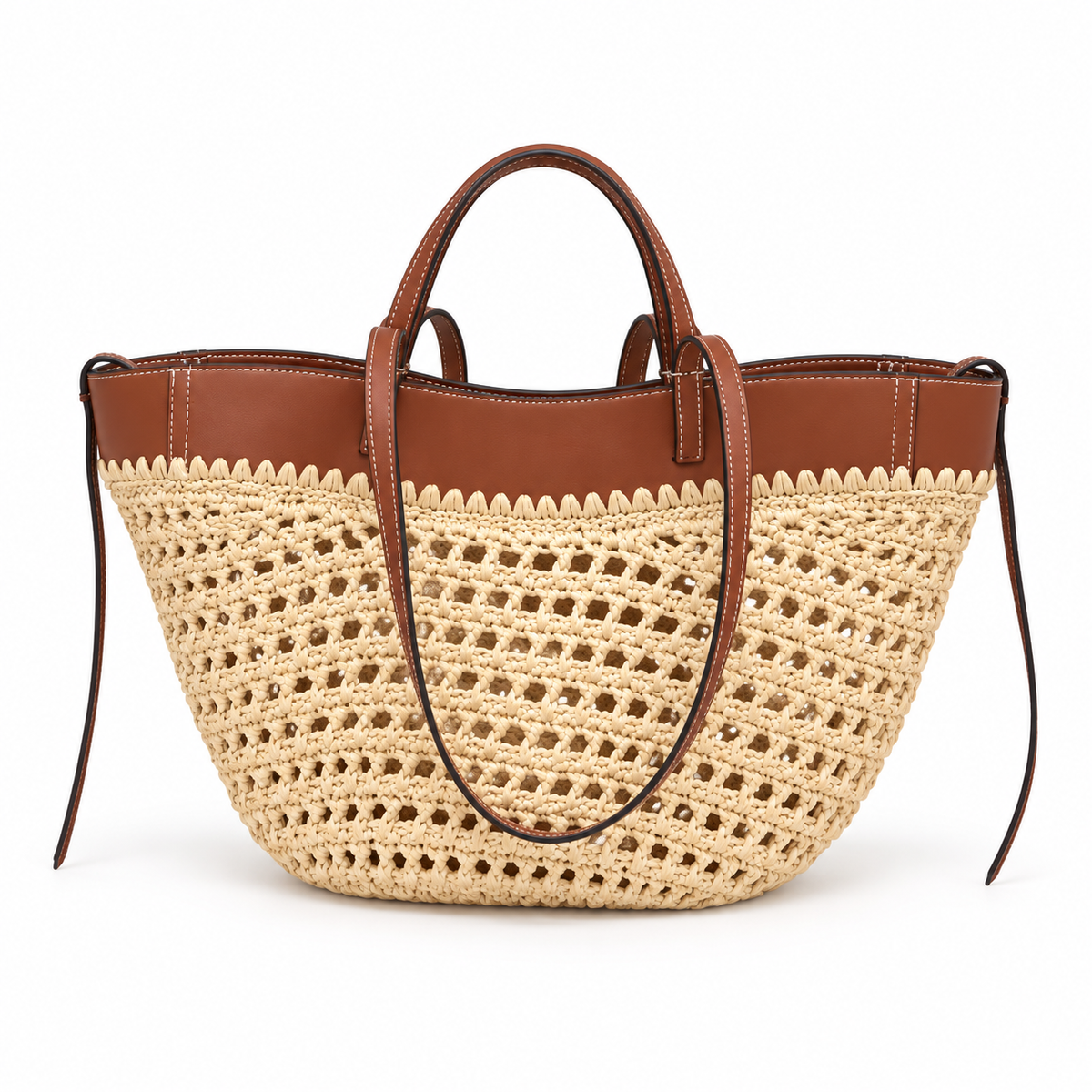 Beige Woven Crochet Tote With Brown Straps
