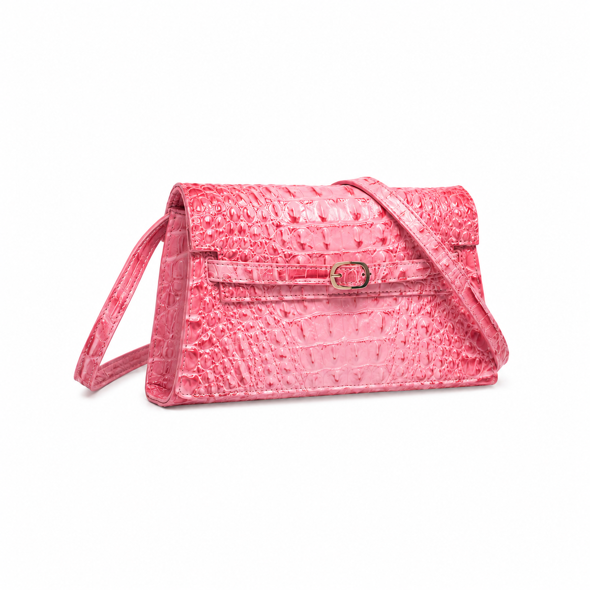 Pink Crocodile Embossed Leather Shoulder Bag