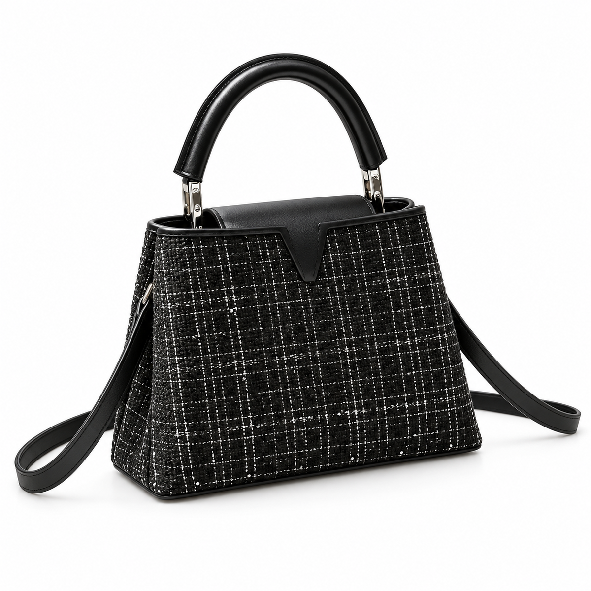 Black Checkered Vegan Leather Top handle Bag