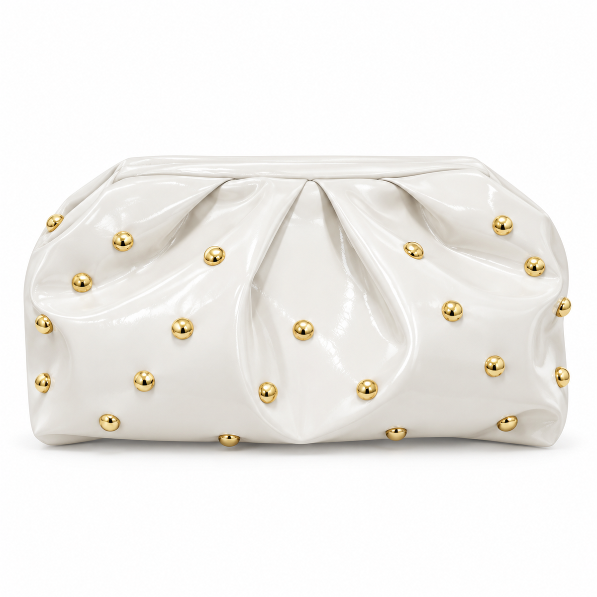 White Leather Clutch With Golden Studs