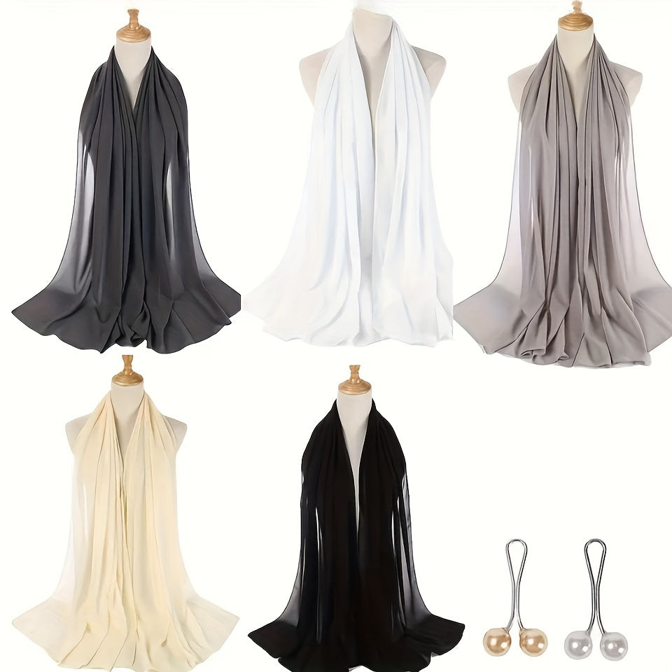 1box Solid Color Chiffon Hijab And Hijab Pins Thin Breathable Sunscreen Scarves (5pcs Minimalist Headscarfs + 2pcs Round Beads Clips), Hijab Set, Modest Fashion, Minimalist Scarf, Elegant Design, Delicate Weave, Lightweight F