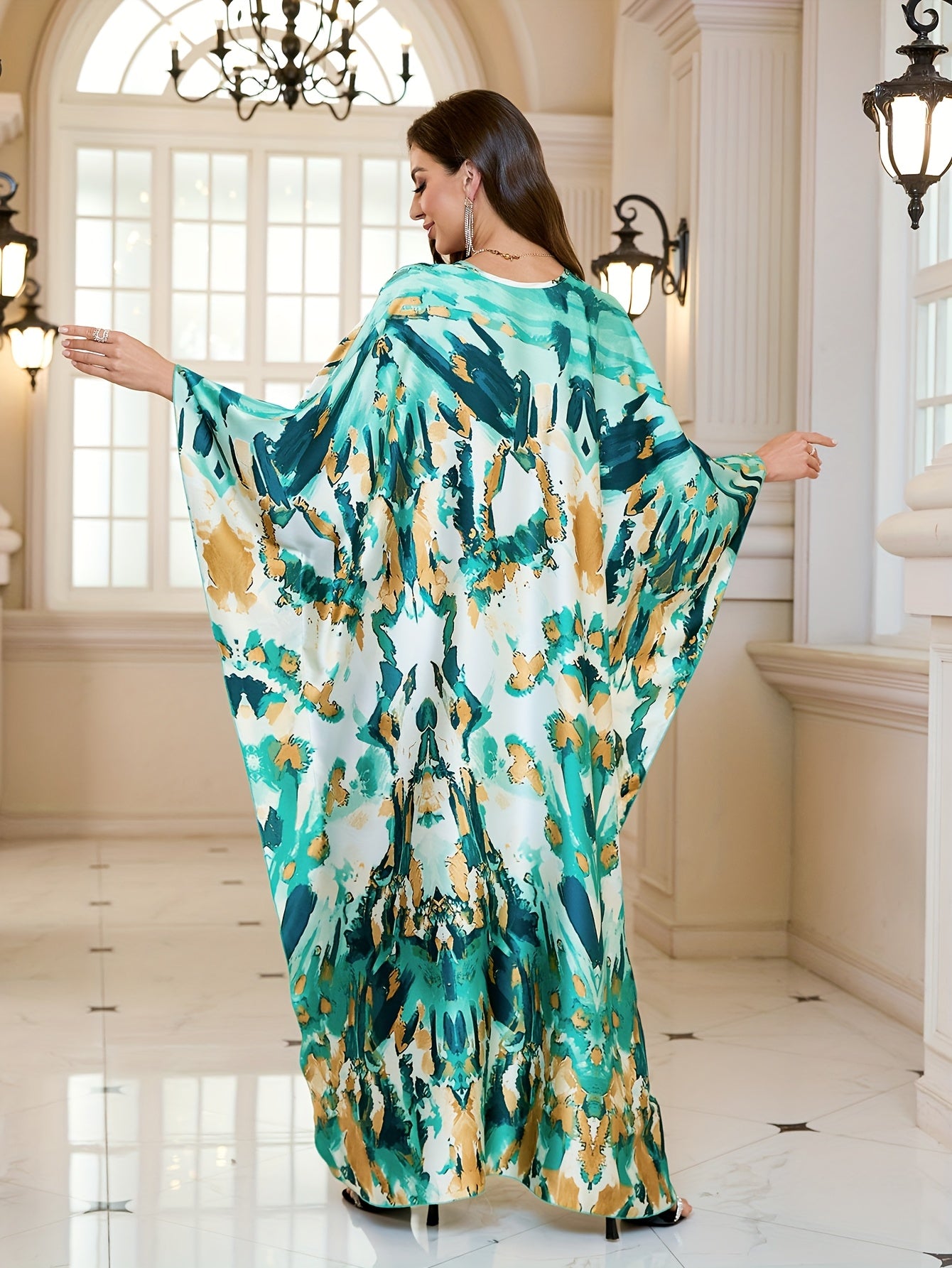 [Plus Size Kaftans] Elegant Plus Size Green and White Printed Beach Kaftans | Maxi Dresses Holiday Bathing Suits Cover Ups